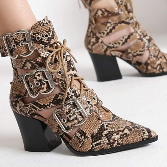 WOMENS BOHO western FAUX PYTHON LACE UP HEELED ANKLE BOOTIES | Size 6 - NWOT - Picture 4 of 12
